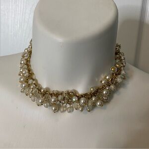 Chunky Faux Pearl & Crystal Bib Necklace Gold-Tone | Y2K